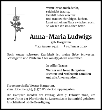 Anzeige von Anna-Maria Ludwigs von Kölner Stadt-Anzeiger / Kölnische Rundschau / Express