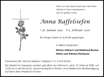 Anzeige von Anna Raffelsiefen von Kölner Stadt-Anzeiger / Kölnische Rundschau / Express