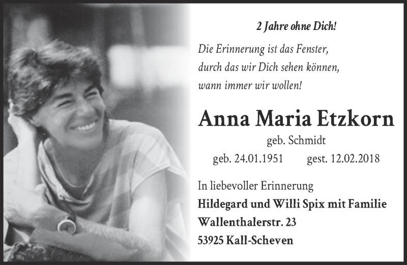 Traueranzeige für Anna Maria Etzkorn vom 15.02.2020 aus  Schlossbote/Werbekurier 