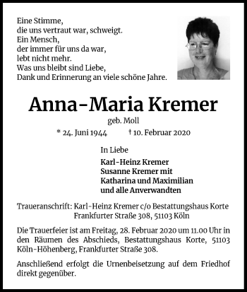Anzeige von Anna Maria Kremer von Kölner Stadt-Anzeiger / Kölnische Rundschau / Express
