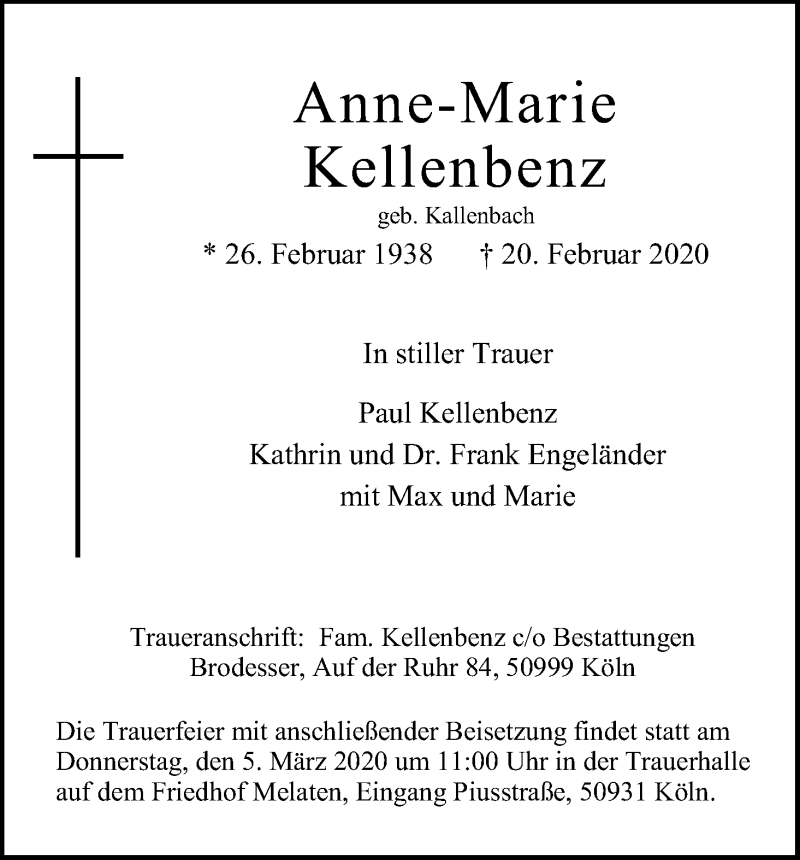  Traueranzeige für Anne-Marie Kellenbenz vom 29.02.2020 aus Kölner Stadt-Anzeiger / Kölnische Rundschau / Express