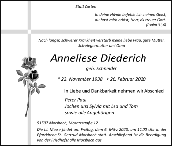 Anzeige von Anneliese Diederich von Kölner Stadt-Anzeiger / Kölnische Rundschau / Express