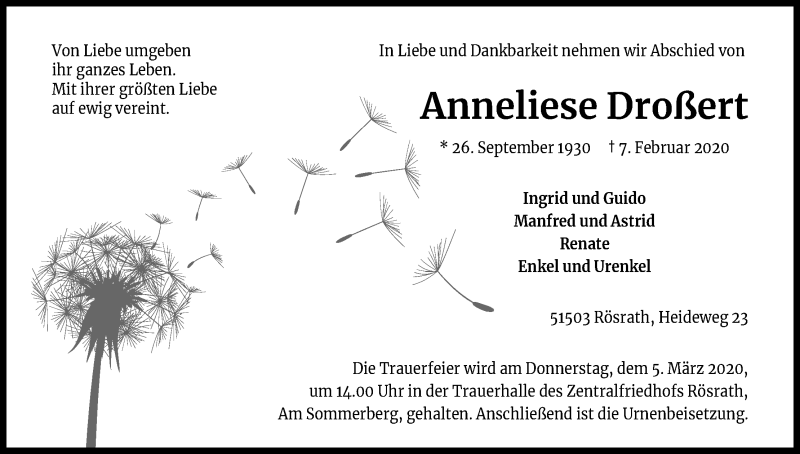  Traueranzeige für Anneliese Droßert vom 29.02.2020 aus Kölner Stadt-Anzeiger / Kölnische Rundschau / Express