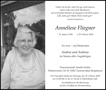 Anzeige von Anneliese Fliegner von Kölner Stadt-Anzeiger / Kölnische Rundschau / Express