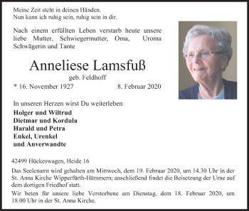 Anzeige von Anneliese Lamsfuß von Kölner Stadt-Anzeiger / Kölnische Rundschau / Express
