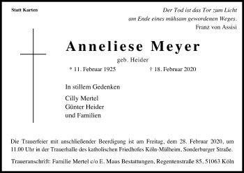 Anzeige von Anneliese Meyer von Kölner Stadt-Anzeiger / Kölnische Rundschau / Express