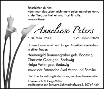 Anzeige von Anneliese Peters von Kölner Stadt-Anzeiger / Kölnische Rundschau / Express