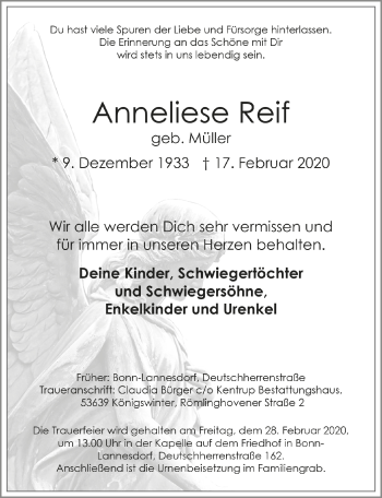 Anzeige von Anneliese Reif von  Extra Blatt 