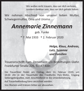 Anzeige von Annemarie Zinnemann von  Kölner Wochenspiegel 