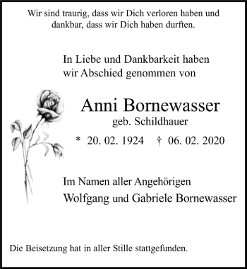 Anzeige von Anni Bornewasser von  Leverkusener Wochenende 
