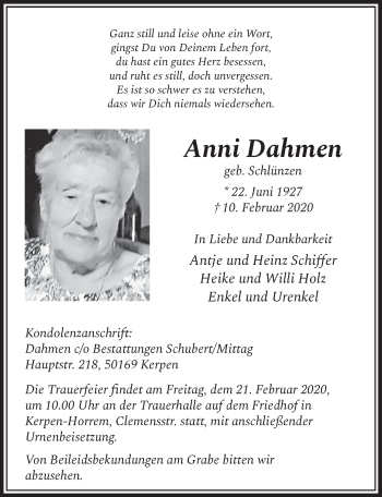 Anzeige von Anni Dahmen von  Sonntags-Post 