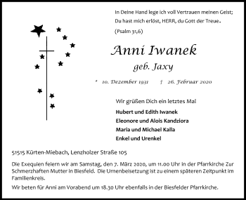 Anzeige von Anni Iwanek von Kölner Stadt-Anzeiger / Kölnische Rundschau / Express