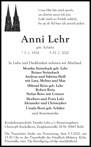 Anzeige von Anni Lehr von Kölner Stadt-Anzeiger / Kölnische Rundschau / Express