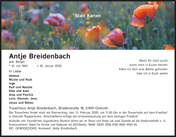 Anzeige von Antje Breidenbach von Kölner Stadt-Anzeiger / Kölnische Rundschau / Express