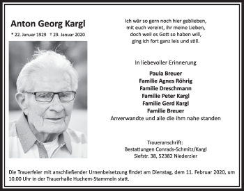 Anzeige von Anton Georg Kargl von  Sonntags-Post 