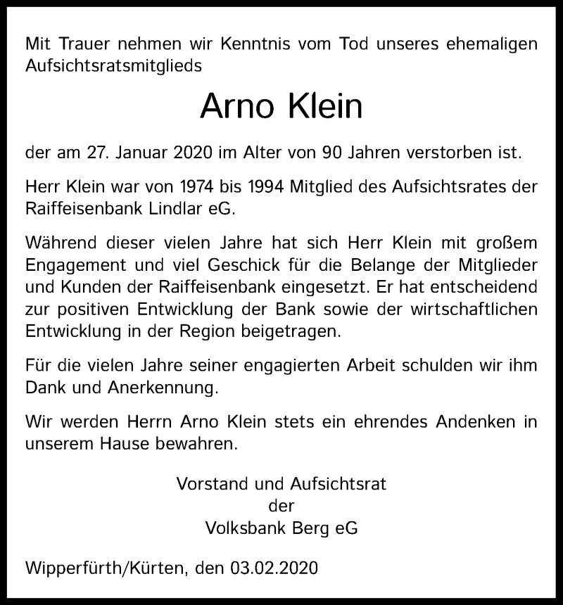  Traueranzeige für Arno Klein vom 08.02.2020 aus Kölner Stadt-Anzeiger / Kölnische Rundschau / Express