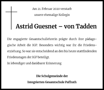 Anzeige von Astrid Guesnet-von Tadden von Kölner Stadt-Anzeiger / Kölnische Rundschau / Express