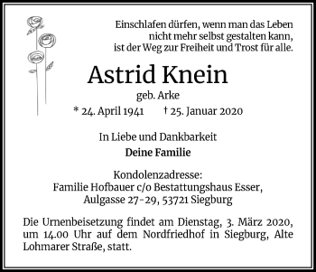 Anzeige von Astrid Knein von Kölner Stadt-Anzeiger / Kölnische Rundschau / Express