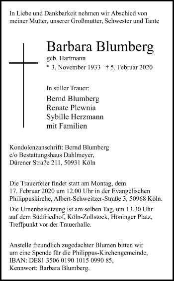 Anzeige von Barbara Blumberg von Kölner Stadt-Anzeiger / Kölnische Rundschau / Express