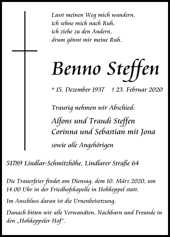 Anzeige von Benno Steffen von Kölner Stadt-Anzeiger / Kölnische Rundschau / Express