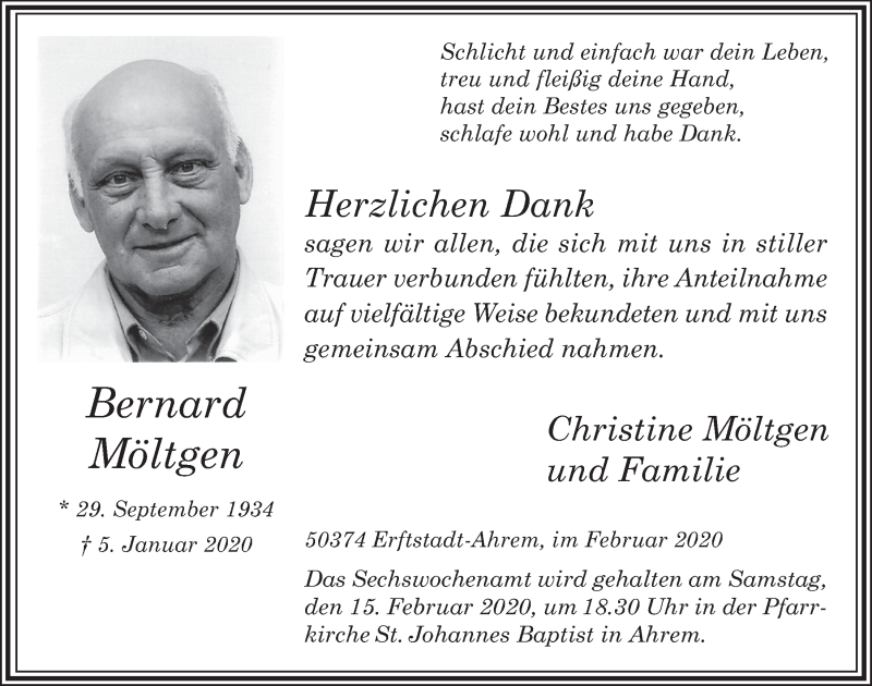  Traueranzeige für Bernard Möltgen vom 12.02.2020 aus  Werbepost 