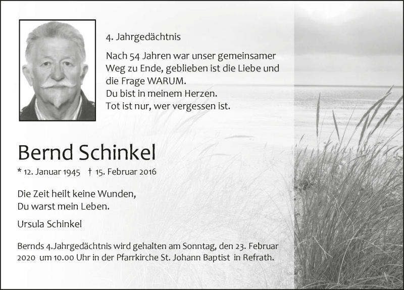  Traueranzeige für Bernd Schinkel vom 19.02.2020 aus  Bergisches Handelsblatt 