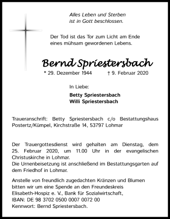 Anzeige von Bernd Spriestersbach von Kölner Stadt-Anzeiger / Kölnische Rundschau / Express