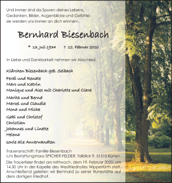 Anzeige von Bernhard Biesenbach von Kölner Stadt-Anzeiger / Kölnische Rundschau / Express