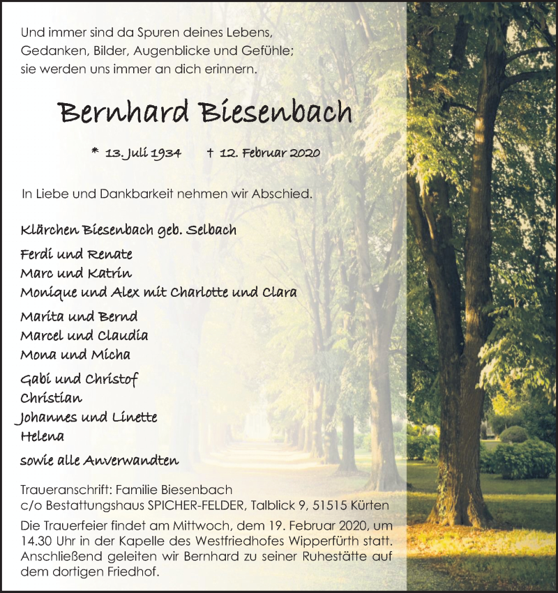  Traueranzeige für Bernhard Biesenbach vom 15.02.2020 aus Kölner Stadt-Anzeiger / Kölnische Rundschau / Express