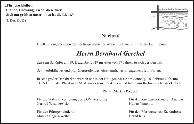  Traueranzeige für Bernhard Gerchel vom 05.02.2020 aus  Schlossbote/Werbekurier 