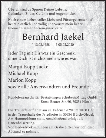 Anzeige von Bernhard Jaekel von  Sonntags-Post 