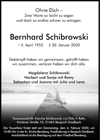 Anzeige von Bernhard Schibrowski von Kölner Stadt-Anzeiger / Kölnische Rundschau / Express