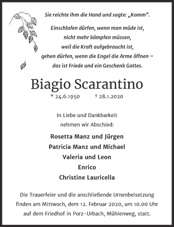 Anzeige von Biago Scarantino von  Kölner Wochenspiegel 