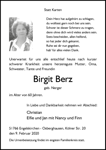 Anzeige von Birgit Berz von  Anzeigen Echo 