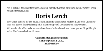 Anzeige von Boris Lerch von Kölner Stadt-Anzeiger / Kölnische Rundschau / Express