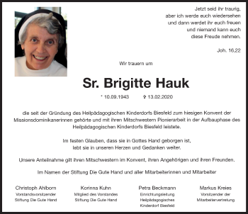 Anzeige von Brigitte Hauk von Kölner Stadt-Anzeiger / Kölnische Rundschau / Express
