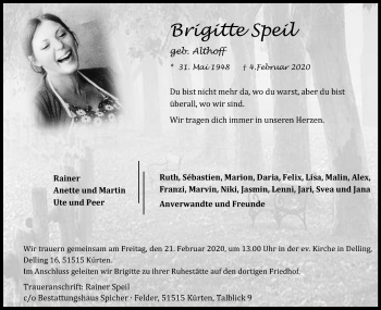 Anzeige von Brigitte Speil von Kölner Stadt-Anzeiger / Kölnische Rundschau / Express
