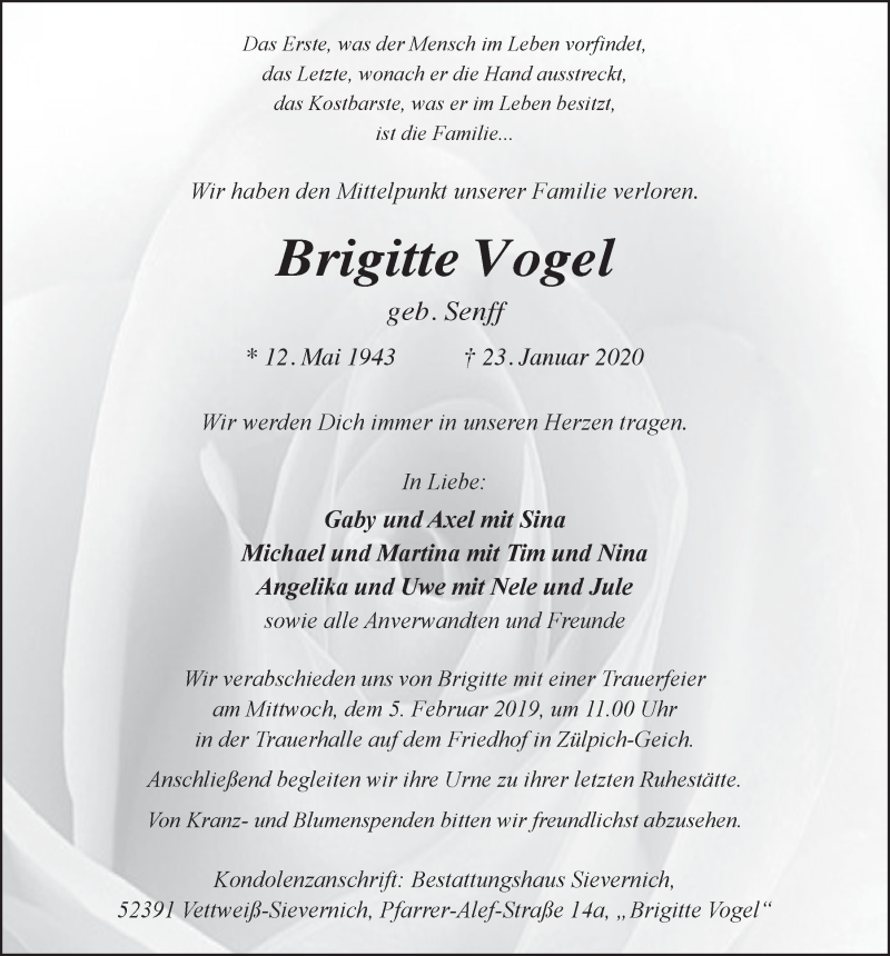  Traueranzeige für Brigitte Vogel vom 01.02.2020 aus  Blickpunkt Euskirchen 