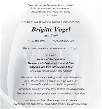 Anzeige von Brigitte Vogel von  Blickpunkt Euskirchen 