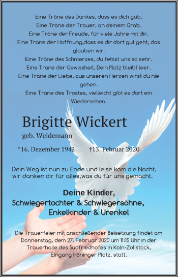 Anzeige von Brigitte Wickert von Kölner Stadt-Anzeiger / Kölnische Rundschau / Express