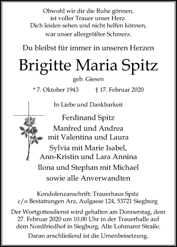 Anzeige von Brigitte Maria Spitz von Kölner Stadt-Anzeiger / Kölnische Rundschau / Express