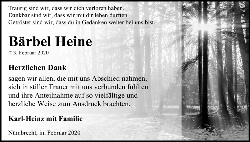  Traueranzeige für Bärbel Heine vom 29.02.2020 aus Kölner Stadt-Anzeiger / Kölnische Rundschau / Express