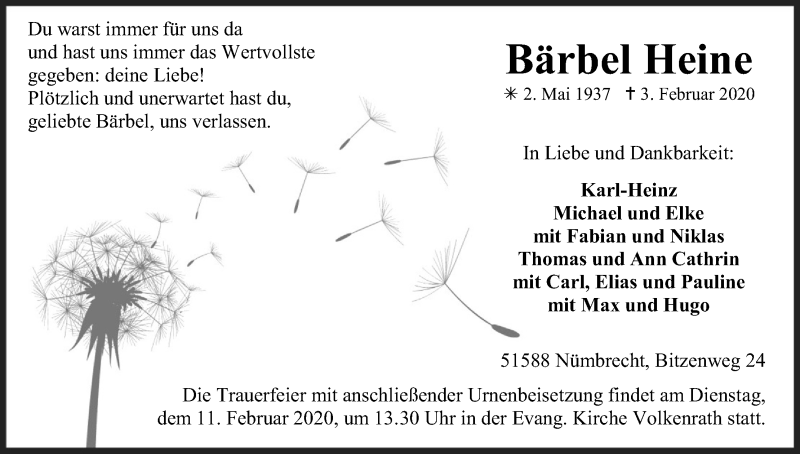  Traueranzeige für Bärbel Heine vom 08.02.2020 aus Kölner Stadt-Anzeiger / Kölnische Rundschau / Express