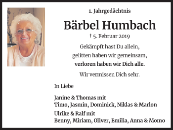Anzeige von Bärbel Humbach von Kölner Stadt-Anzeiger / Kölnische Rundschau / Express