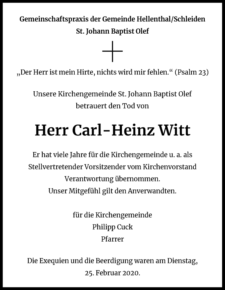  Traueranzeige für Carl-Heinz Witt vom 29.02.2020 aus Kölner Stadt-Anzeiger / Kölnische Rundschau / Express