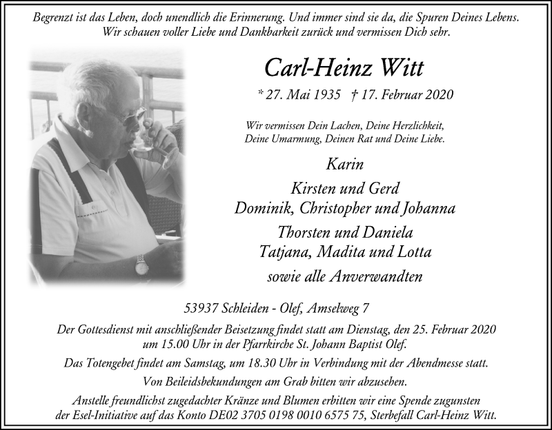  Traueranzeige für Carl-Heinz Witt vom 21.02.2020 aus Kölner Stadt-Anzeiger / Kölnische Rundschau / Express