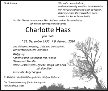 Anzeige von Charlotte Haas von Kölner Stadt-Anzeiger / Kölnische Rundschau / Express