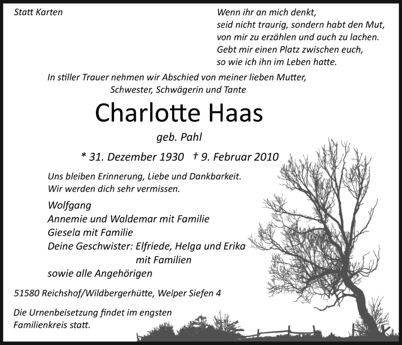  Traueranzeige für Charlotte Haas vom 12.02.2020 aus  Anzeigen Echo 