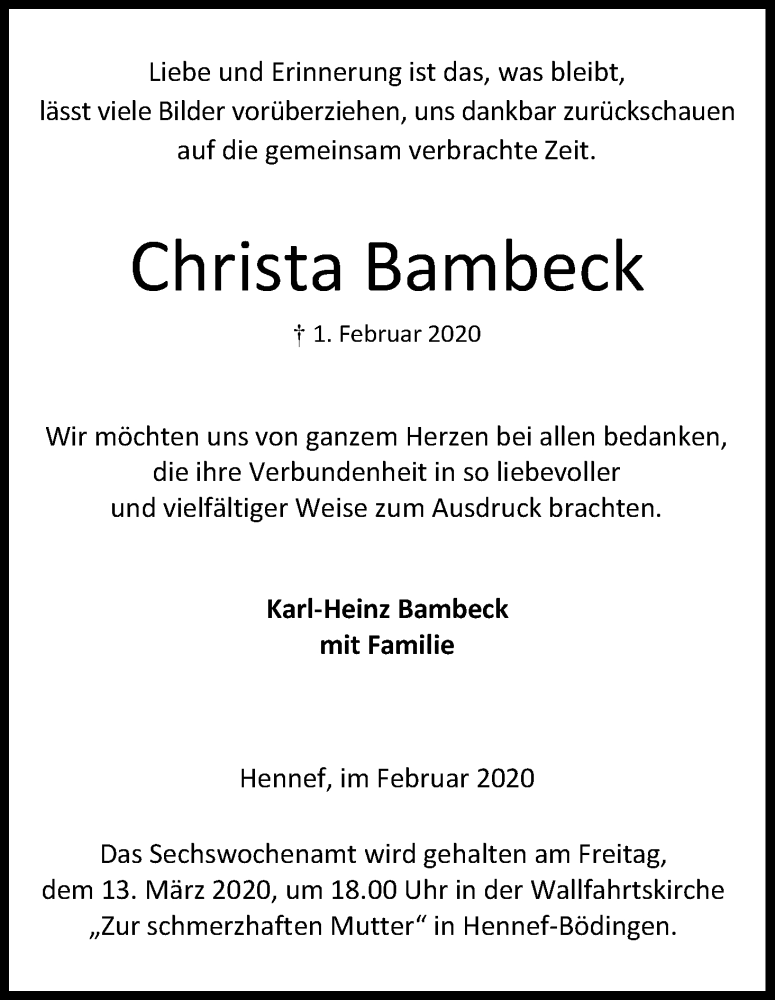  Traueranzeige für Christa Bambeck vom 29.02.2020 aus Kölner Stadt-Anzeiger / Kölnische Rundschau / Express