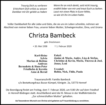 Anzeige von Christa Bambeck von Kölner Stadt-Anzeiger / Kölnische Rundschau / Express